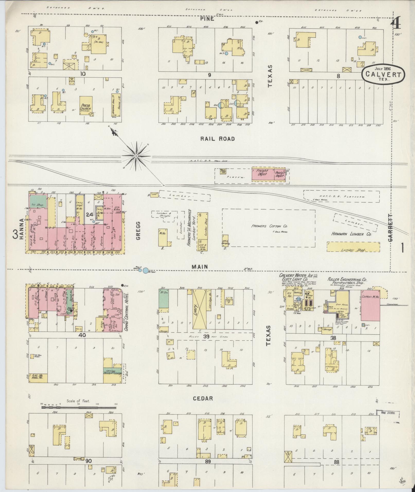 Sanborn Fire Insurance Map from Calvert, Robertson County, Texas (1896), Sheet #0004 - Historic Sanborn Fire Insurance Map Print, vintage old map wall art, antique decor, genealogy gift, Texas Texas map