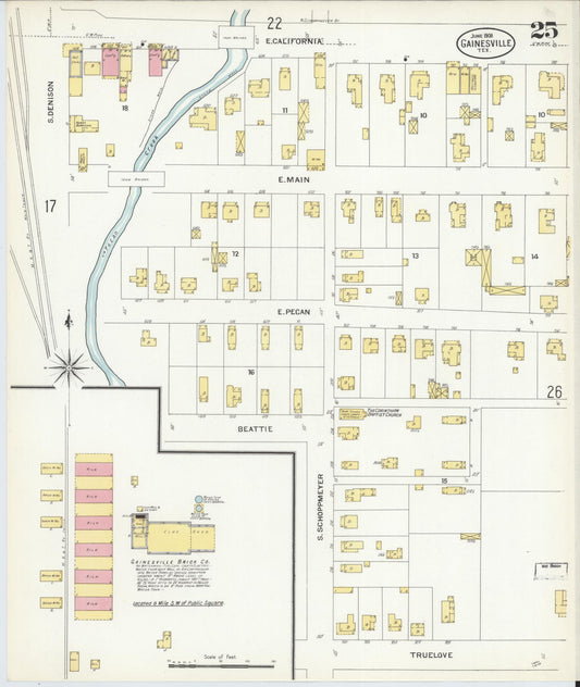 Sanborn Fire Insurance Map from Gainesville, Cooke County, Texas (1908), Sheet #0025 - Historic Sanborn Fire Insurance Map Print, vintage old map wall art, antique decor, genealogy gift, Texas Texas map