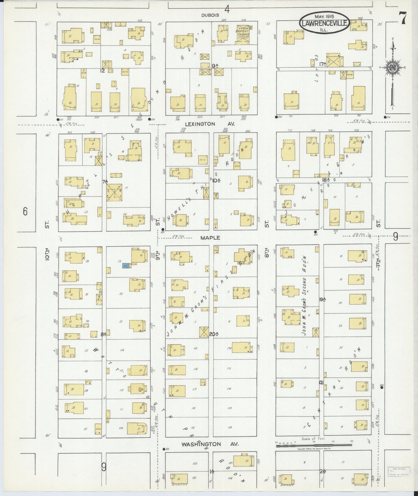 Sanborn Fire Insurance Map from Lawrenceville, Lawrence County, Illinois (1918), Sheet #0007 - Complete Map Set gallery image, historic Sanborn map, vintage wall art, Illinois Illinois