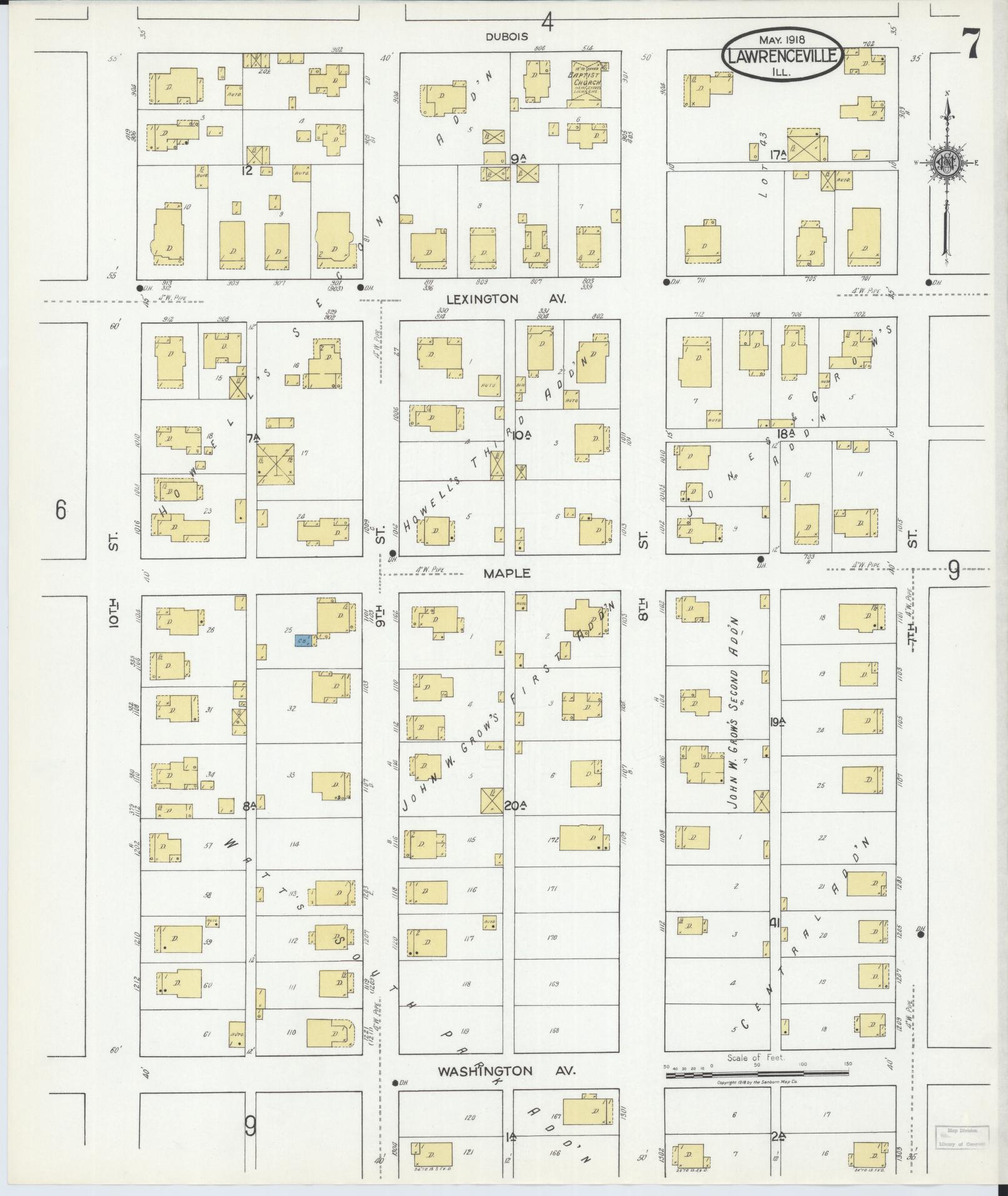 Sanborn Fire Insurance Map from Lawrenceville, Lawrence County, Illinois (1918), Sheet #0007 - Complete Map Set gallery image, historic Sanborn map, vintage wall art, Illinois Illinois