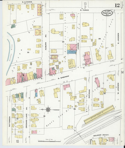 Sanborn Fire Insurance Map from Pontiac, Oakland County, Michigan (1909), Sheet #0012 - Historic Sanborn Fire Insurance Map Print, vintage old map wall art, antique decor, genealogy gift, Michigan Michigan map
