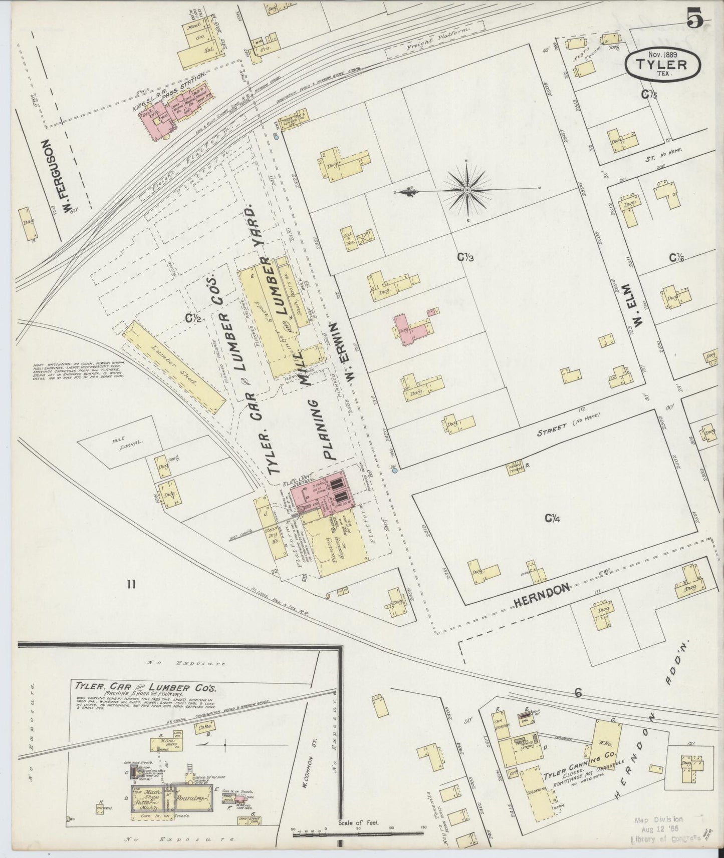 Sanborn Fire Insurance Map from Tyler, Smith County, Texas (1889), Sheet #0005 - Complete Map Set gallery image, historic Sanborn map, vintage wall art, Texas Texas