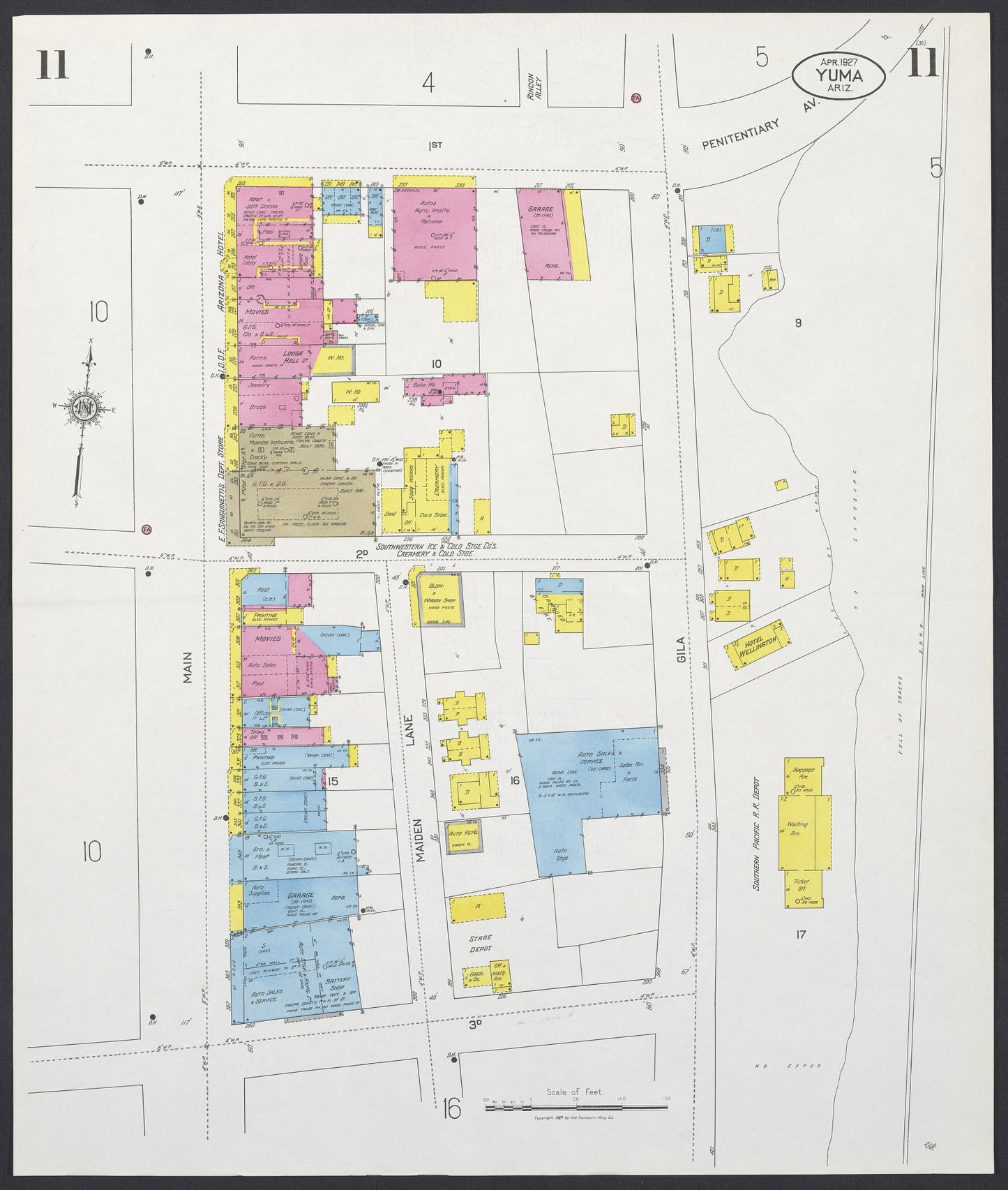 Sanborn Fire Insurance Map from Yuma, Yuma County, Arizona (1927), Sheet #0011 - Historic Sanborn Fire Insurance Map Print, vintage old map wall art, antique decor, genealogy gift, Arizona Arizona map