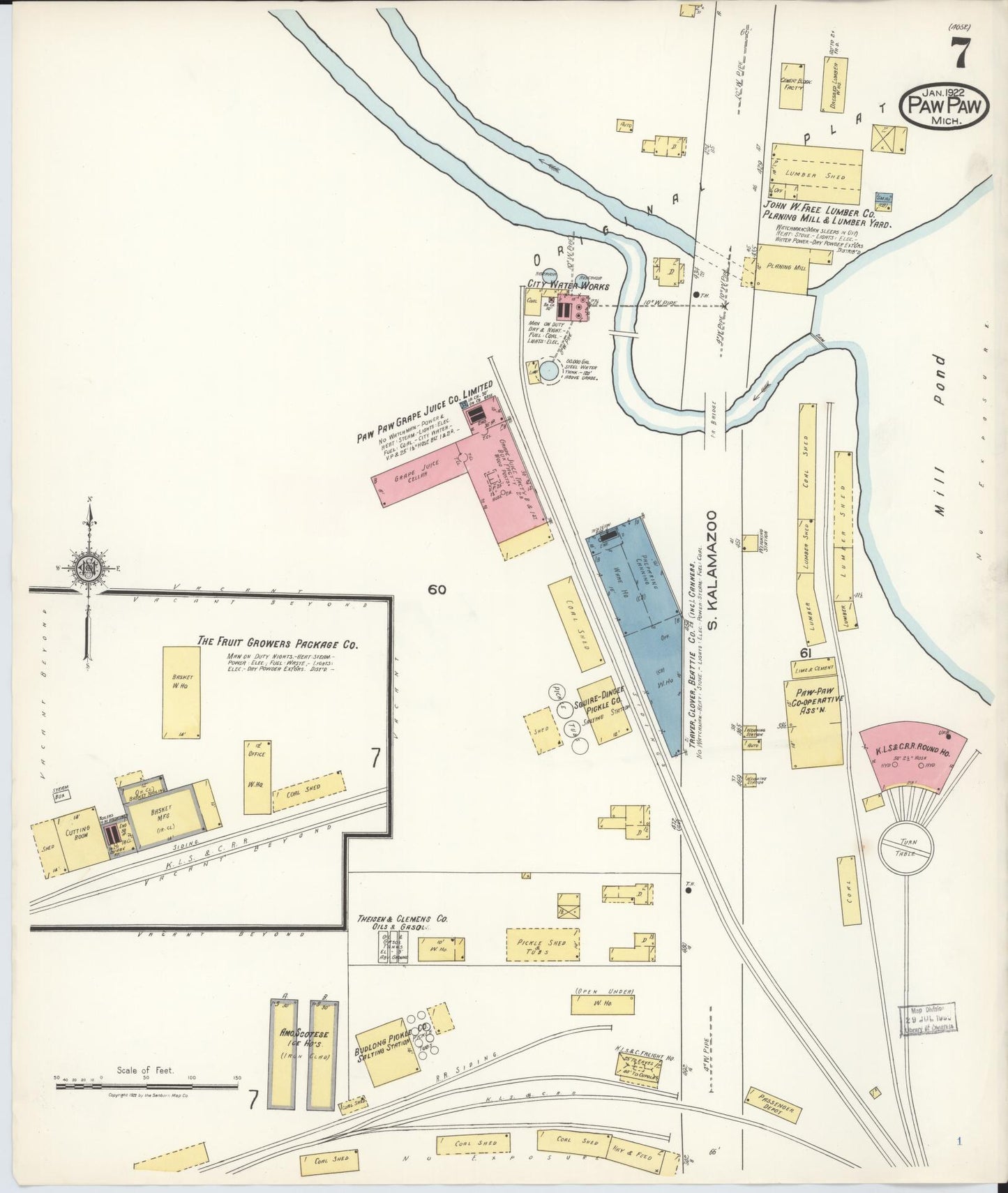 Sanborn Fire Insurance Map from Paw Paw, Van Buren County, Michigan (1922), Sheet #0007 - Complete Map Set gallery image, historic Sanborn map, vintage wall art, Michigan Michigan