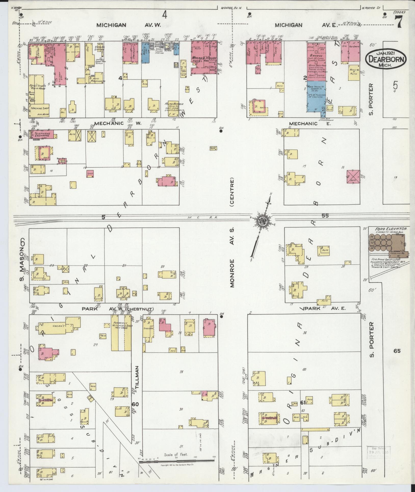 Sanborn Fire Insurance Map from Dearborn, Wayne County, Michigan (1921), Sheet #0007 - Historic Sanborn Fire Insurance Map Print, vintage old map wall art, antique decor, genealogy gift, Michigan Michigan map