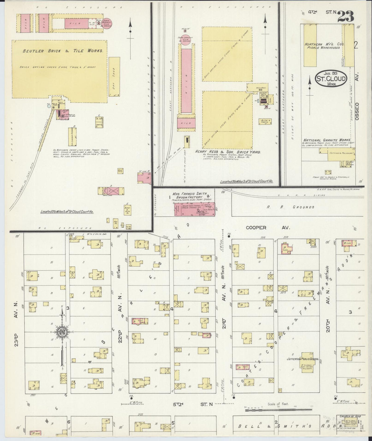 Sanborn Fire Insurance Map from Saint Cloud, Stearns, Benton, and Sherburne Counties, Minnesota (1913), Sheet #0023 - Historic Sanborn Fire Insurance Map Print, vintage old map wall art, antique decor, genealogy gift, Minnesota Minnesota map