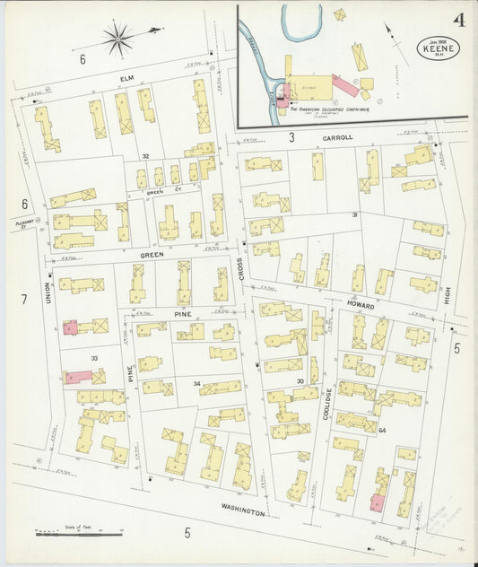 Sanborn Fire Insurance Map from Keene, Cheshire County, New Hampshire (1908), Sheet #0004 - Historic Sanborn Fire Insurance Map Print, vintage old map wall art, antique decor, genealogy gift, New Hampshire New Hampshire map