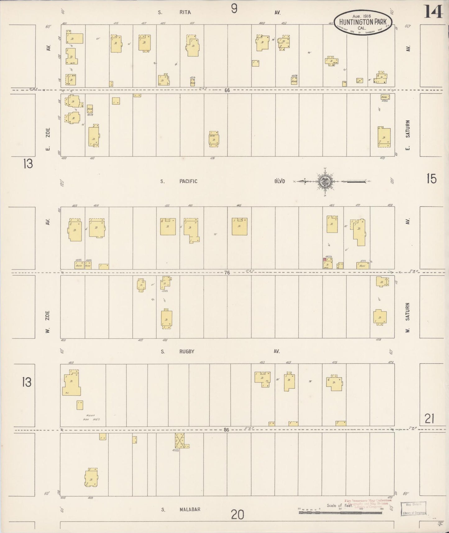 Sanborn Fire Insurance Map from Huntington Park, Los Angeles County, California (1916), Sheet #0014 - Historic Sanborn Fire Insurance Map Print, vintage old map wall art, antique decor, genealogy gift, California California map