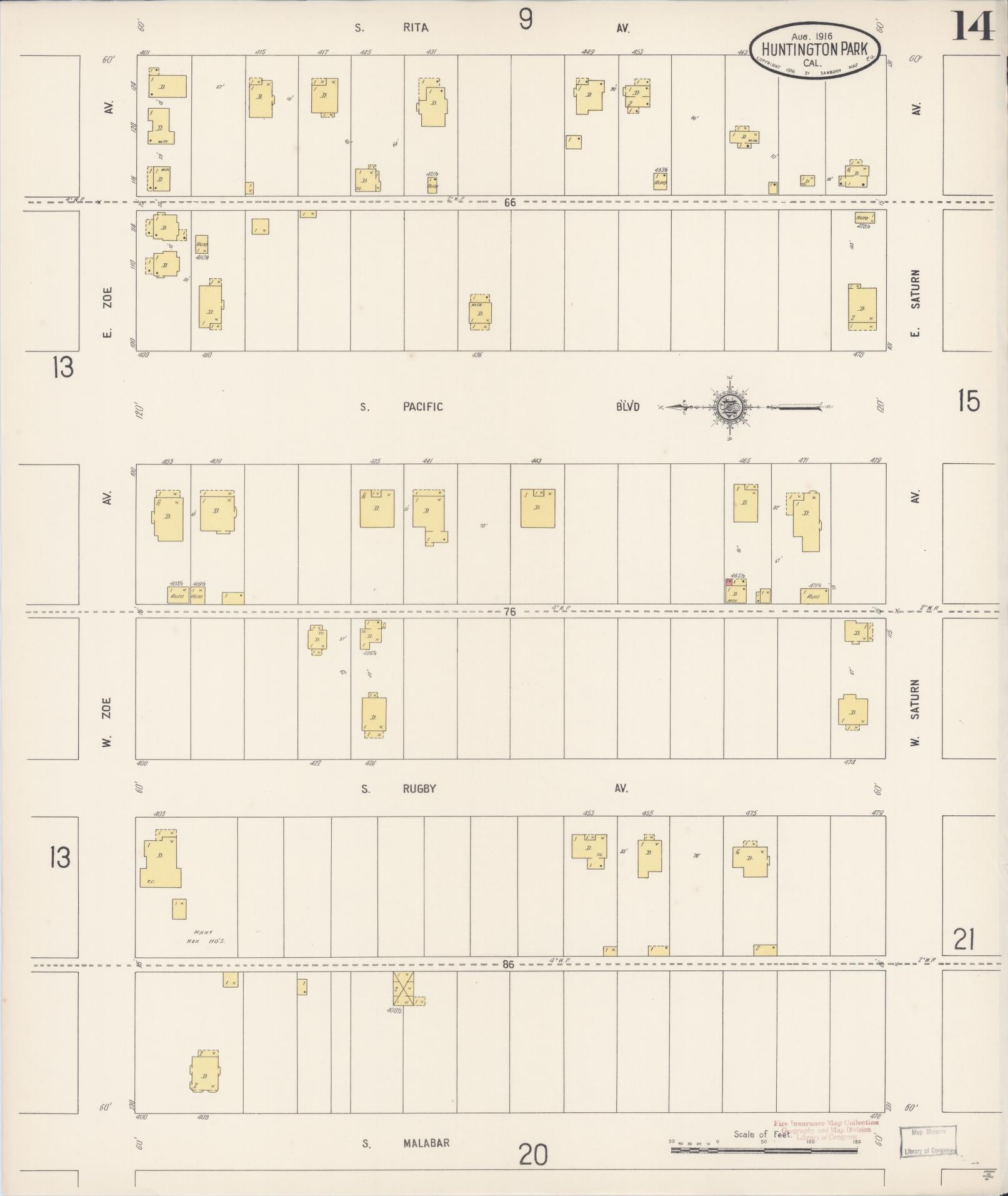Sanborn Fire Insurance Map from Huntington Park, Los Angeles County, California (1916), Sheet #0014 - Historic Sanborn Fire Insurance Map Print, vintage old map wall art, antique decor, genealogy gift, California California map