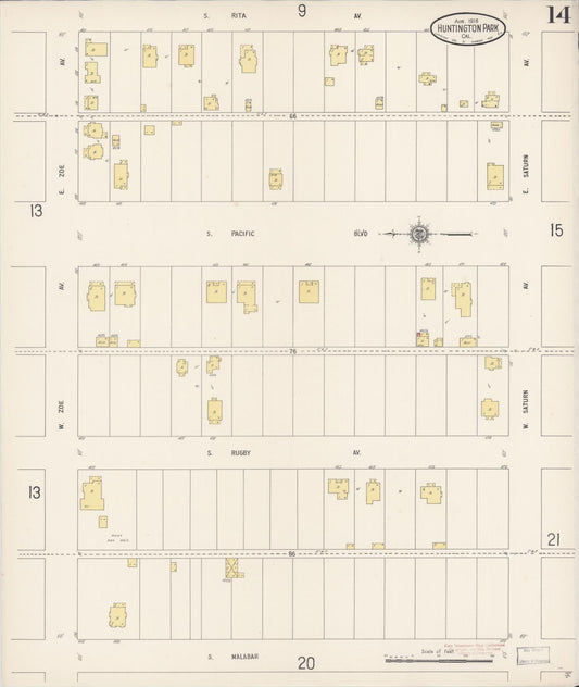 Sanborn Fire Insurance Map from Huntington Park, Los Angeles County, California (1916), Sheet #0014 - Historic Sanborn Fire Insurance Map Print, vintage old map wall art, antique decor, genealogy gift, California California map