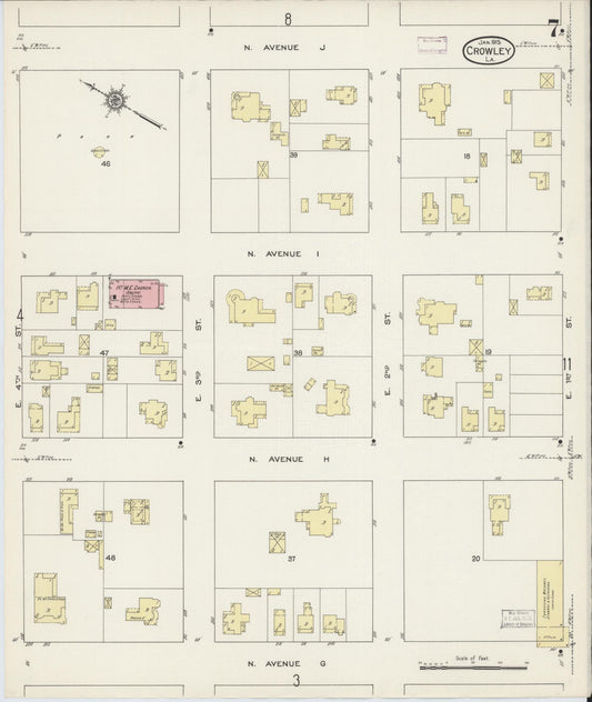 Sanborn Fire Insurance Map from Crowley, Acadia Parish, Louisiana (1915), Sheet #0007 - Historic Sanborn Fire Insurance Map Print, vintage old map wall art, antique decor, genealogy gift, Louisiana Louisiana map