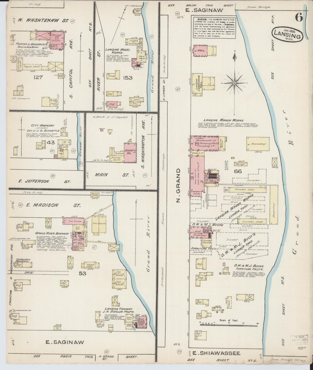 Sanborn Fire Insurance Map from Lansing, Ingham County, Michigan (1885), Sheet #0006 - Historic Sanborn Fire Insurance Map Print, vintage old map wall art, antique decor, genealogy gift, Michigan Michigan map