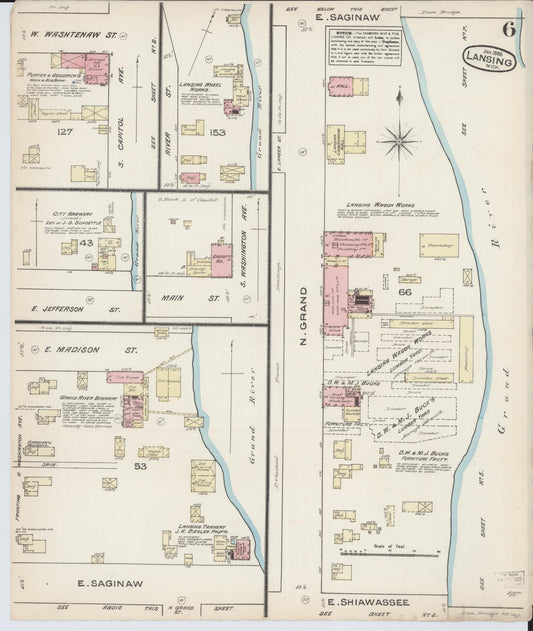 Sanborn Fire Insurance Map from Lansing, Ingham County, Michigan (1885), Sheet #0006 - Historic Sanborn Fire Insurance Map Print, vintage old map wall art, antique decor, genealogy gift, Michigan Michigan map