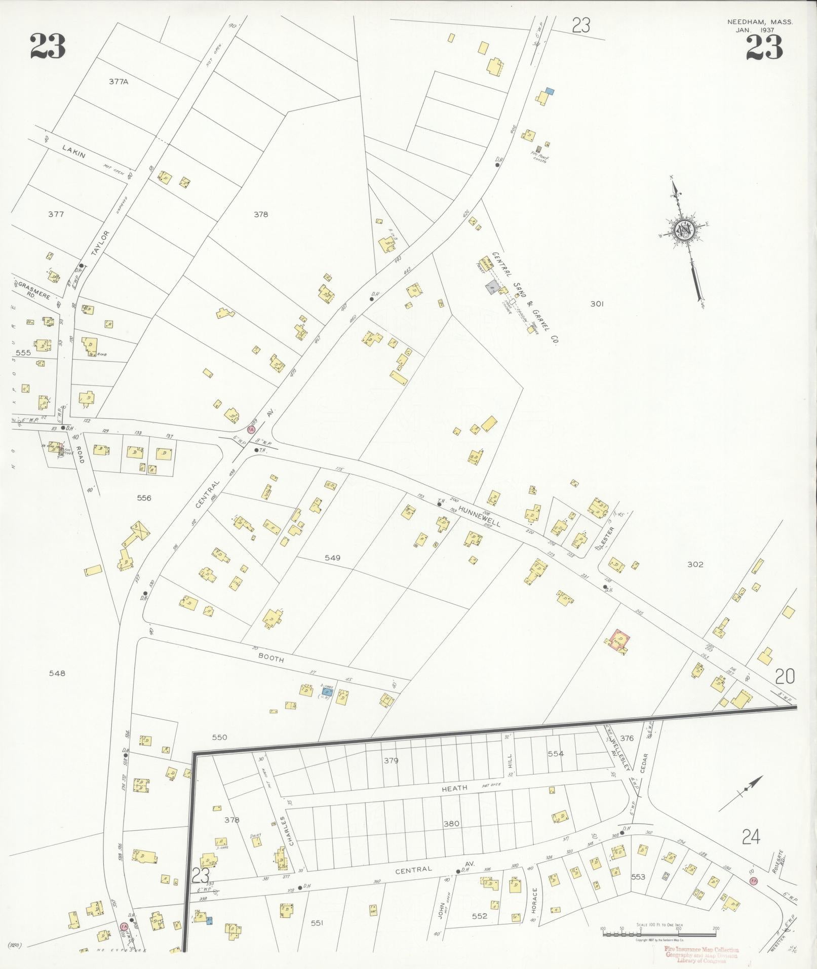 Sanborn Fire Insurance Map from Needham, Norfolk County, Massachusetts (1937), Sheet #0023 - Historic Sanborn Fire Insurance Map Print, vintage old map wall art, antique decor, genealogy gift, Massachusetts Massachusetts map