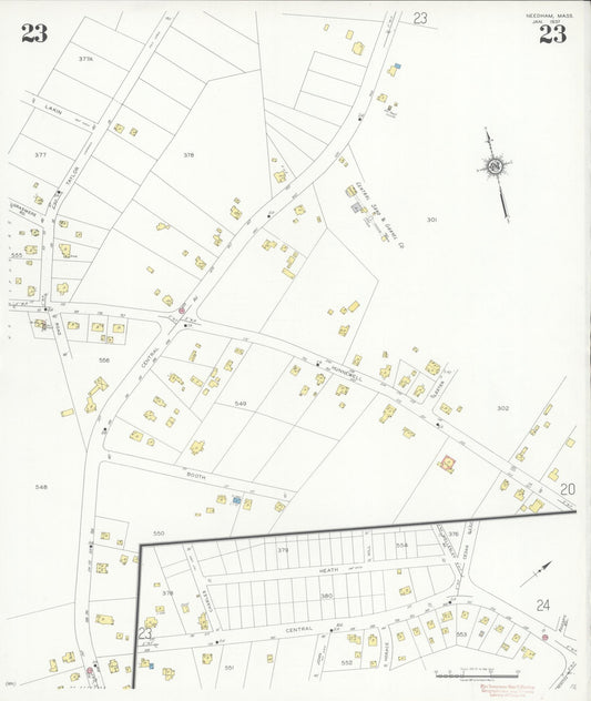 Sanborn Fire Insurance Map from Needham, Norfolk County, Massachusetts (1937), Sheet #0023 - Historic Sanborn Fire Insurance Map Print, vintage old map wall art, antique decor, genealogy gift, Massachusetts Massachusetts map