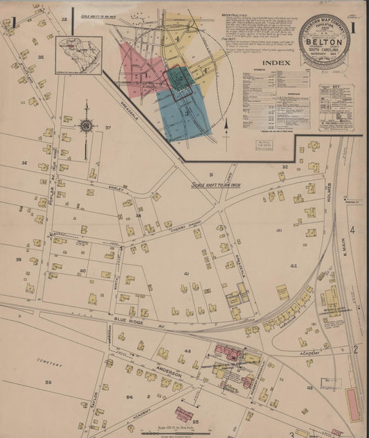 Sanborn Fire Insurance Map from Belton, Anderson County, South Carolina (1922), Sheet #0001 - Historic Sanborn Fire Insurance Map Print, vintage old map wall art, antique decor, genealogy gift, South Carolina South Carolina map