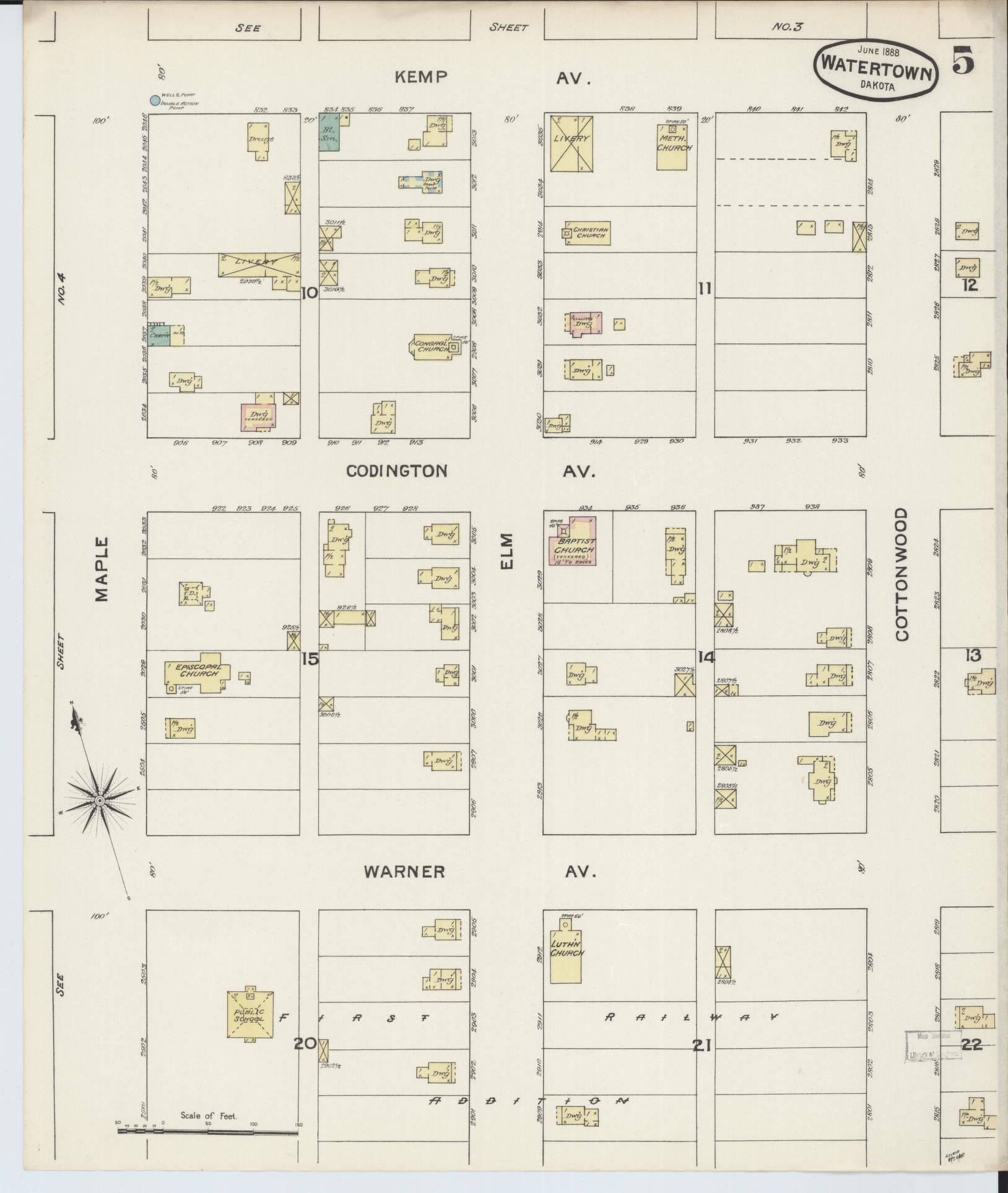 Sanborn Fire Insurance Map from Watertown, Codington County, South Dakota (1888), Sheet #0005 - Historic Sanborn Fire Insurance Map Print, vintage old map wall art, antique decor, genealogy gift, South Dakota South Dakota map