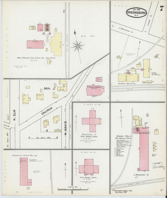 Sanborn Fire Insurance Map from Greensboro, Guilford County, North Carolina (1891), Sheet #0007 - Historic Sanborn Fire Insurance Map Print, vintage old map wall art, antique decor, genealogy gift, North Carolina North Carolina map
