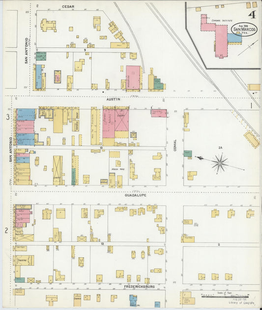 Sanborn Fire Insurance Map from San Marcos, Hays County, Texas (1906), Sheet #0004 - Historic Sanborn Fire Insurance Map Print, vintage old map wall art, antique decor, genealogy gift, Texas Texas map