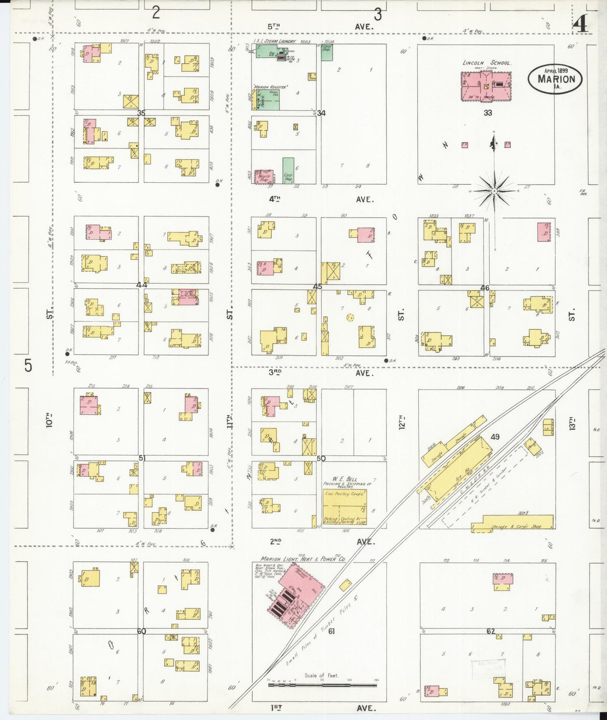 Sanborn Fire Insurance Map from Marion, Linn County, Iowa (1899), Sheet #0004 - Historic Sanborn Fire Insurance Map Print, vintage old map wall art