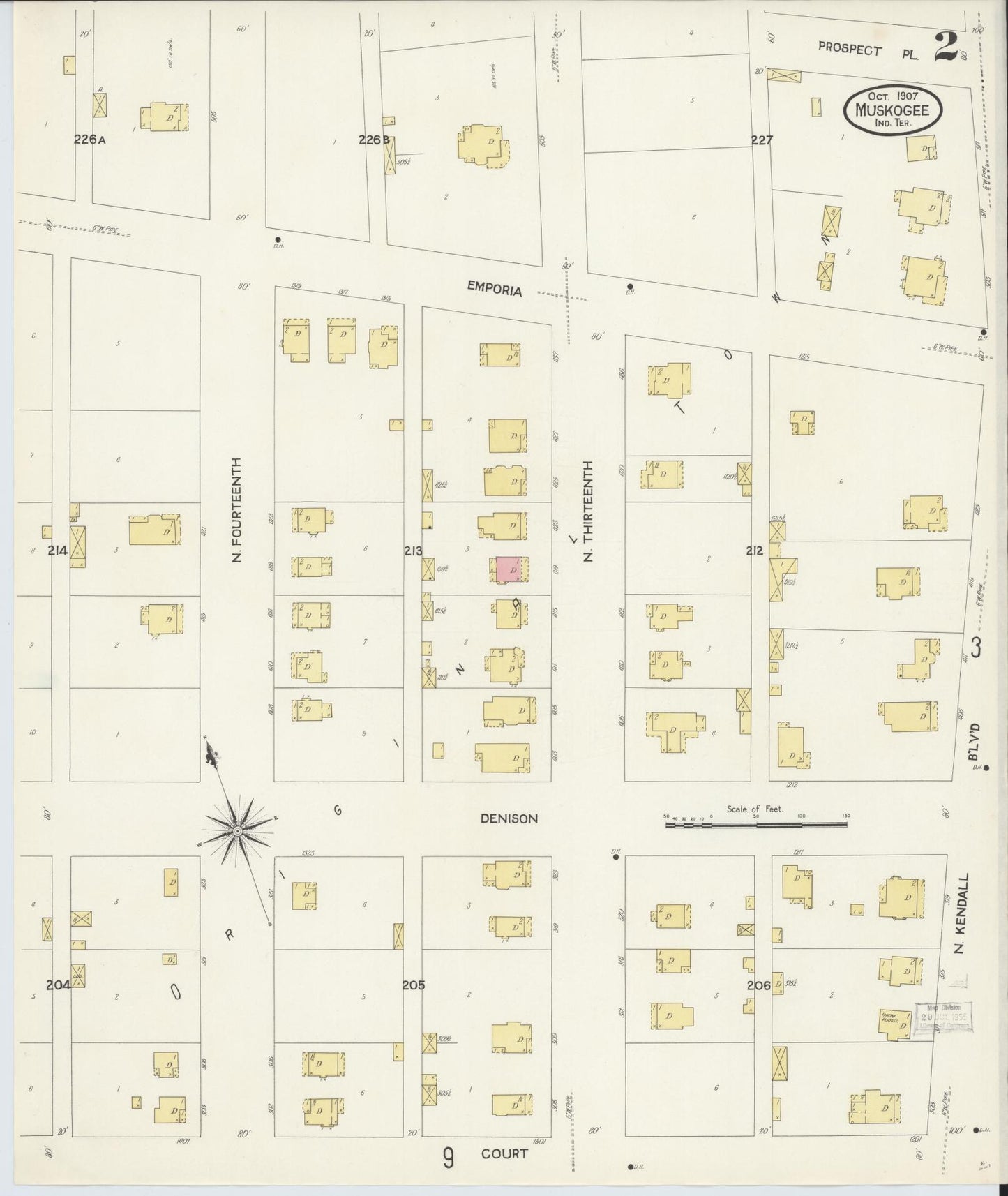 Sanborn Fire Insurance Map from Muskogee, Muskogee County, Oklahoma (1907), Sheet #0002 - Complete Map Set gallery image, historic Sanborn map, vintage wall art, Oklahoma Oklahoma