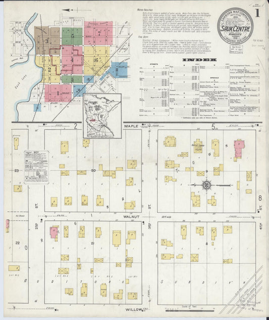 Sanborn Fire Insurance Map from Sauk Centre, Stearns County, Minnesota (1916), Sheet #0001 - Historic Sanborn Fire Insurance Map Print, vintage old map wall art, antique decor, genealogy gift, Minnesota Minnesota map