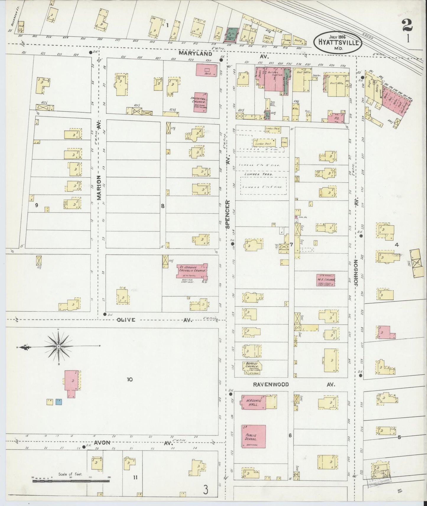 Sanborn Fire Insurance Map from Hyattsville, Prince Georges County, Maryland (1906), Sheet #0002 - Historic Sanborn Fire Insurance Map Print, vintage old map wall art