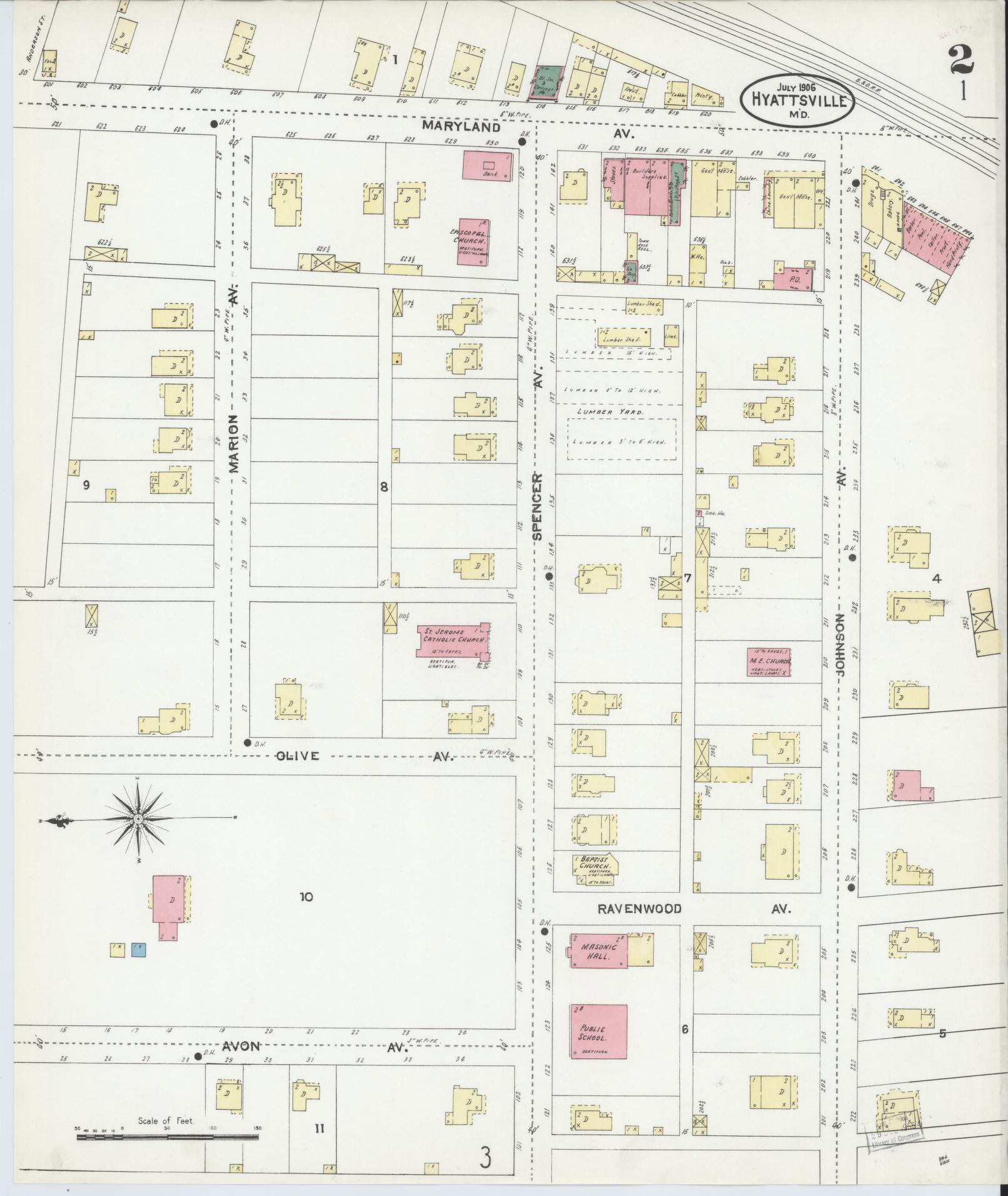 Sanborn Fire Insurance Map from Hyattsville, Prince Georges County, Maryland (1906), Sheet #0002 - Historic Sanborn Fire Insurance Map Print, vintage old map wall art