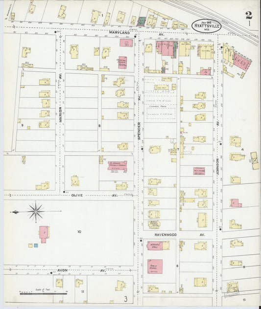 Sanborn Fire Insurance Map from Hyattsville, Prince Georges County, Maryland (1906), Sheet #0002 - Historic Sanborn Fire Insurance Map Print, vintage old map wall art