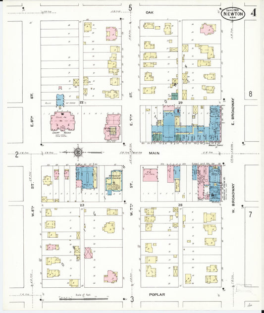 Sanborn Fire Insurance Map from Newton, Harvey County, Kansas (1909), Sheet #0004 - Historic Sanborn Fire Insurance Map Print, vintage old map wall art, antique decor, genealogy gift, Kansas Kansas map