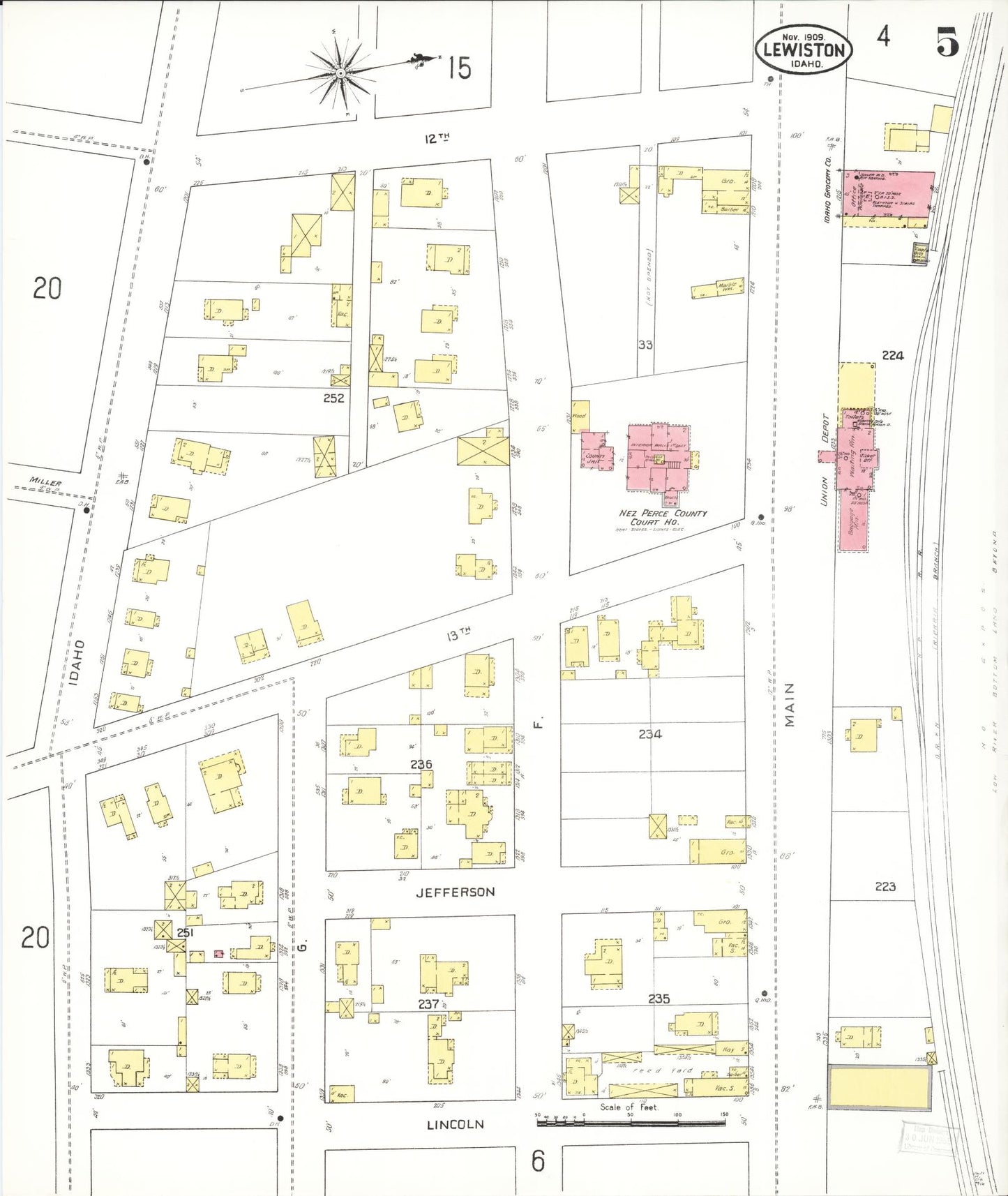 Sanborn Fire Insurance Map from Lewiston, Nez Perce County, Idaho (1909), Sheet #0005 - Complete Map Set gallery image, historic Sanborn map, vintage wall art, Idaho Idaho
