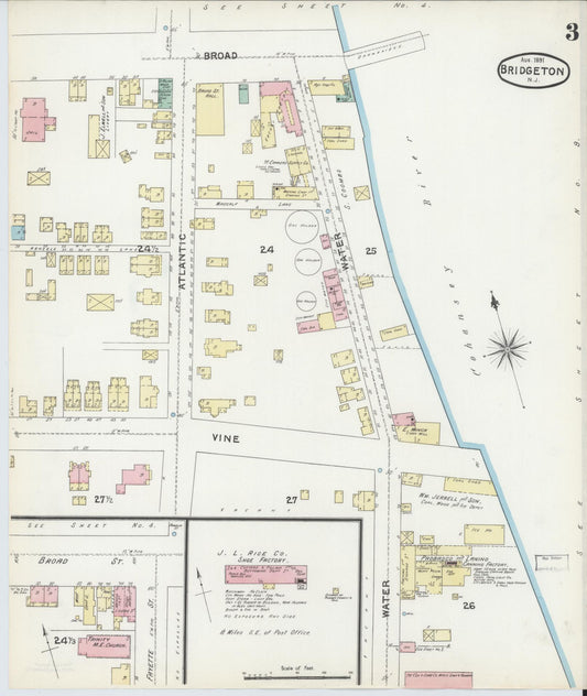Sanborn Fire Insurance Map from Bridgeton, Cumberland County, New Jersey (1891), Sheet #0003 - Historic Sanborn Fire Insurance Map Print, vintage old map wall art, antique decor, genealogy gift, New Jersey New Jersey map