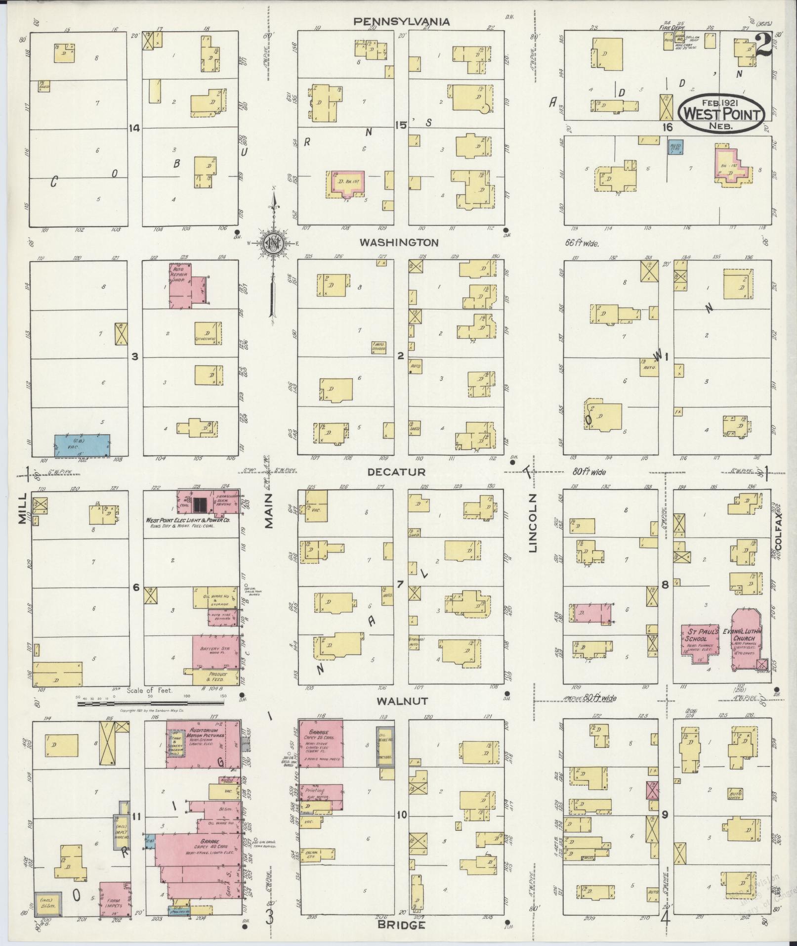 Sanborn Fire Insurance Map from West Point, Cuming County, Nebraska (1921), Sheet #0002 - Historic Sanborn Fire Insurance Map Print, vintage old map wall art, antique decor, genealogy gift, Nebraska Nebraska map