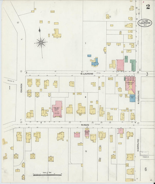 Sanborn Fire Insurance Map from Laurens, Laurens County, South Carolina (1906), Sheet #0002 - Historic Sanborn Fire Insurance Map Print, vintage old map wall art, antique decor, genealogy gift, South Carolina South Carolina map