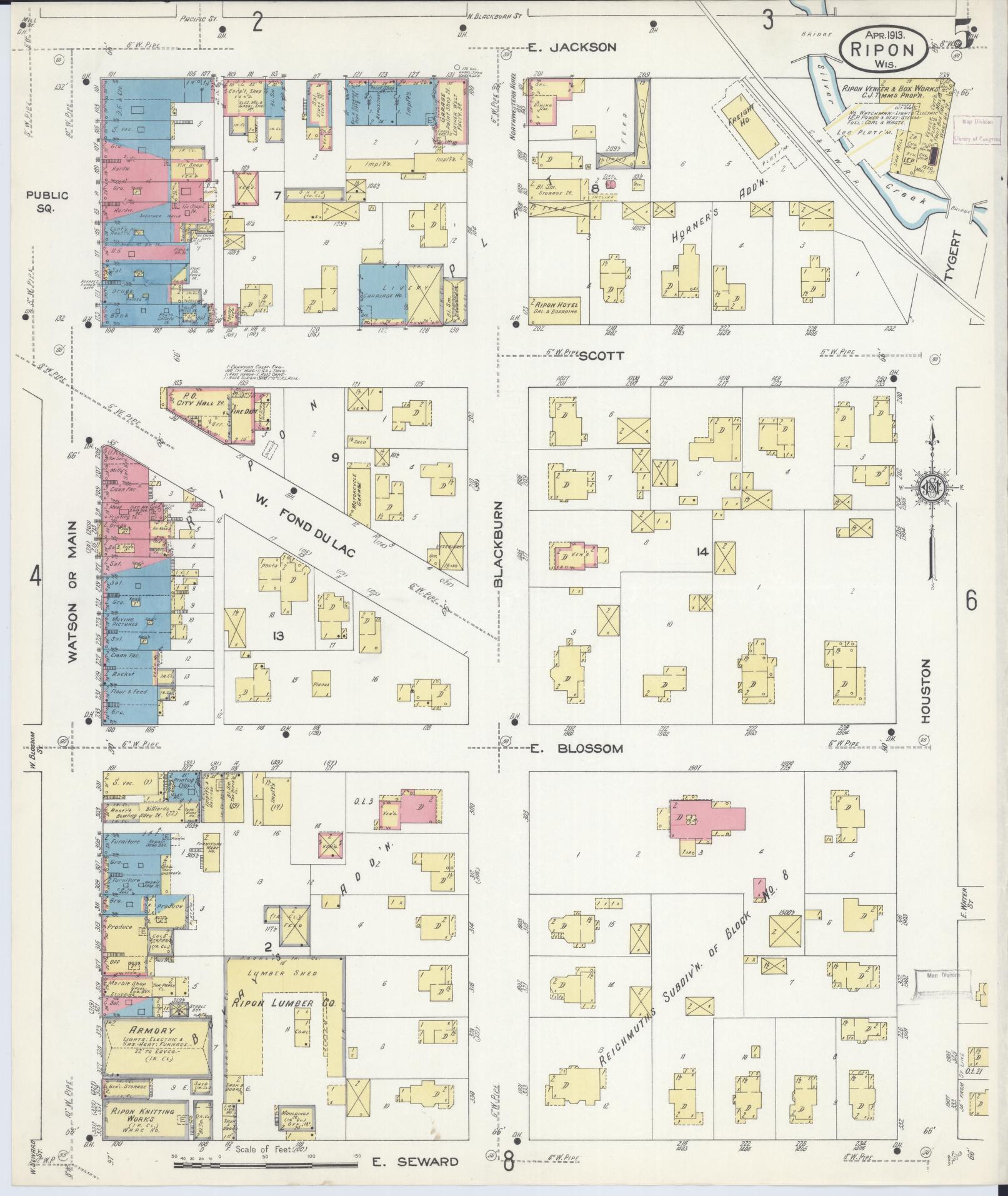 Sanborn Fire Insurance Map from Ripon, Fond du Lac County, Wisconsin (1913), Sheet #0005 - Complete Map Set gallery image, historic Sanborn map, vintage wall art, Wisconsin Wisconsin