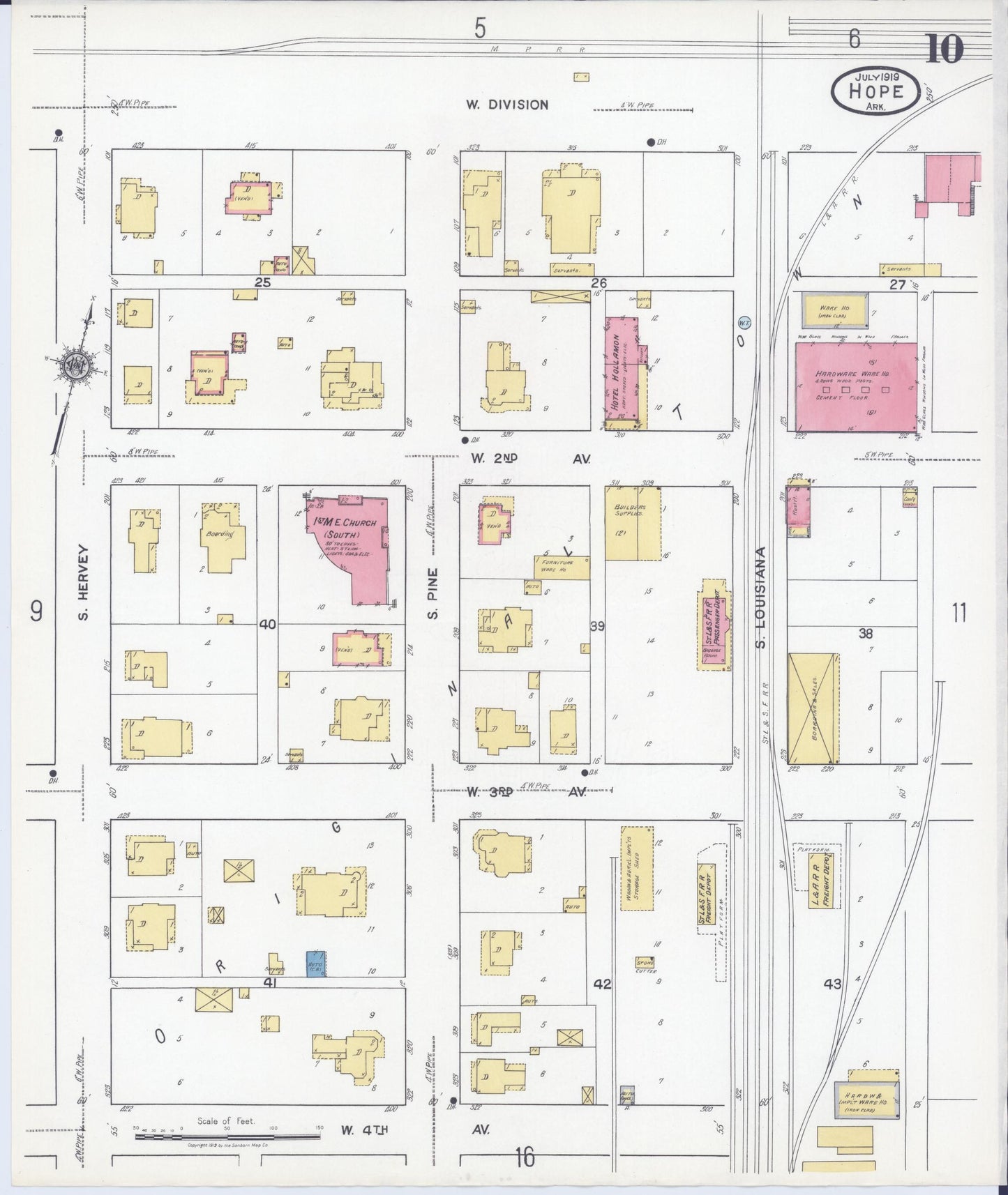 Sanborn Fire Insurance Map from Hope, Hempstead County, Arkansas (1919), Sheet #0010 - Complete Map Set gallery image, historic Sanborn map, vintage wall art, Arkansas Arkansas