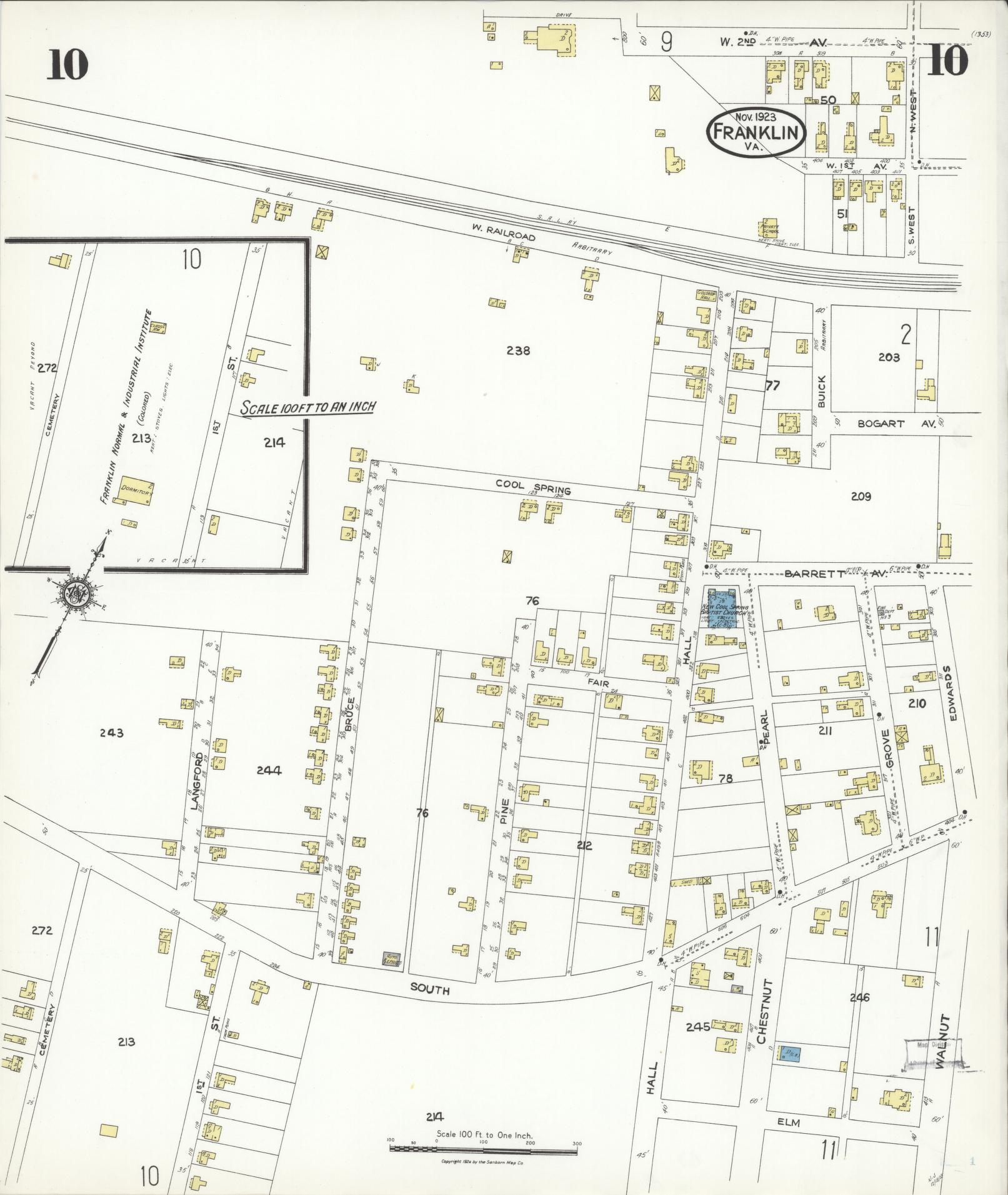Sanborn Fire Insurance Map from Franklin, Independent Cities, Virginia (1923), Sheet #0010 - Complete Map Set gallery image, historic Sanborn map, vintage wall art, Virginia Virginia
