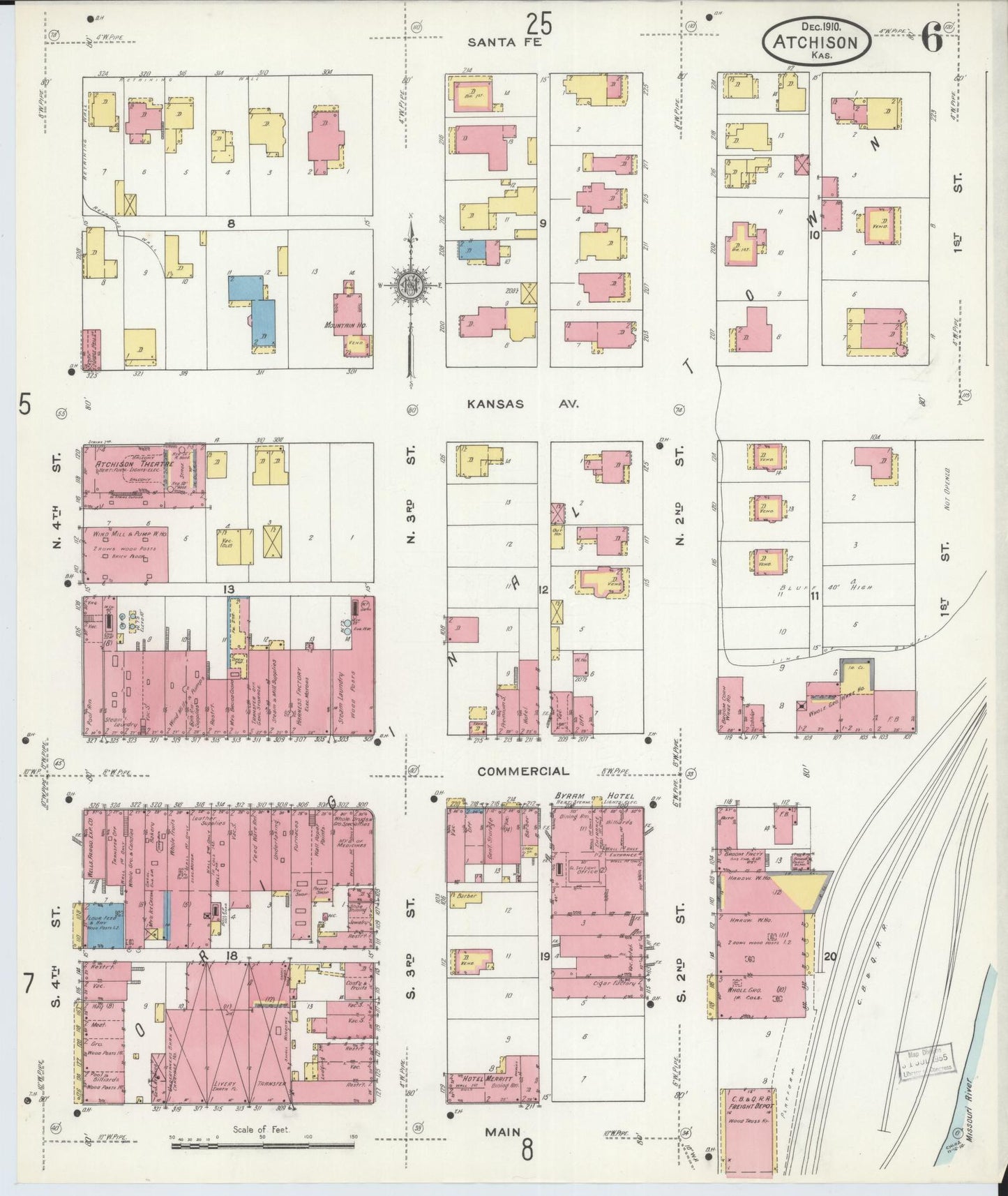 Sanborn Fire Insurance Map from Atchison, Atchison County, Kansas (1910), Sheet #0006 - Historic Sanborn Fire Insurance Map Print, vintage old map wall art, antique decor, genealogy gift, Kansas Kansas map