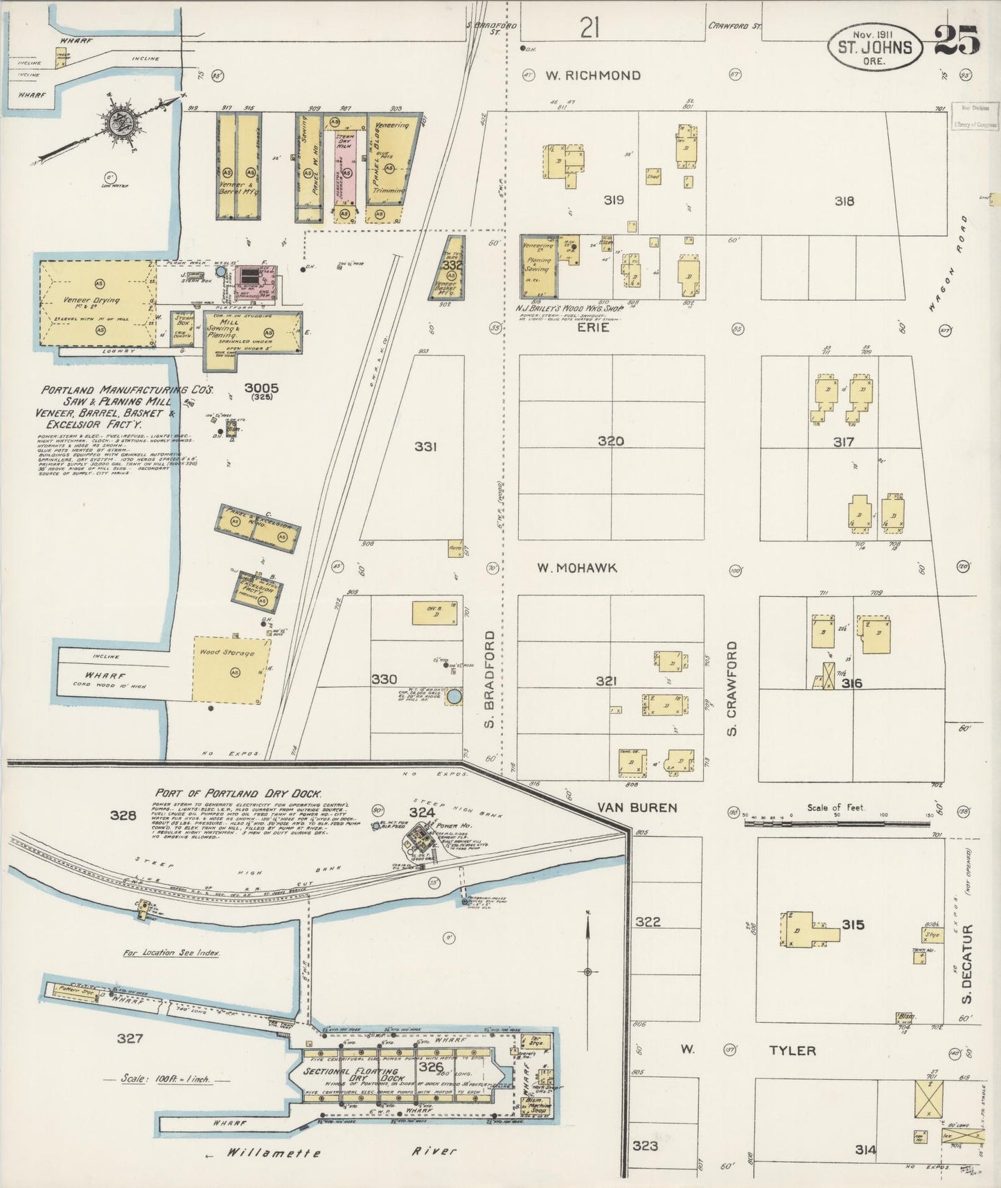 Sanborn Fire Insurance Map from Saint Johns, Multnomah County, Oregon (1911), Sheet #0025 - Historic Sanborn Fire Insurance Map Print, vintage old map wall art, antique decor, genealogy gift, Oregon Oregon map