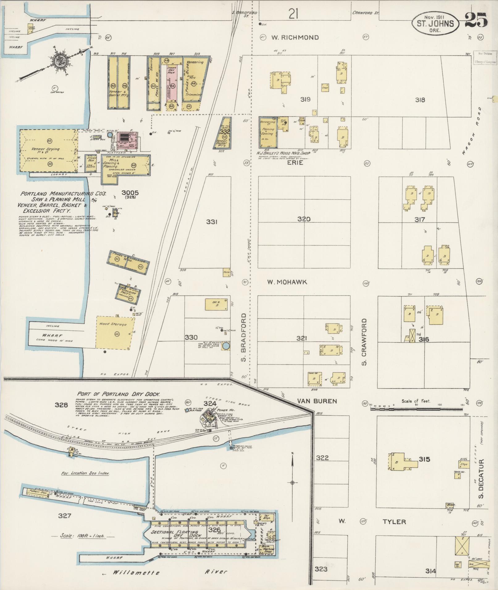 Sanborn Fire Insurance Map from Saint Johns, Multnomah County, Oregon (1911), Sheet #0025 - Historic Sanborn Fire Insurance Map Print, vintage old map wall art, antique decor, genealogy gift, Oregon Oregon map