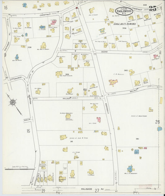 Sanborn Fire Insurance Map from Englewood, Bergen County, New Jersey (1915), Sheet #0025 - Historic Sanborn Fire Insurance Map Print, vintage old map wall art, antique decor, genealogy gift, New Jersey New Jersey map