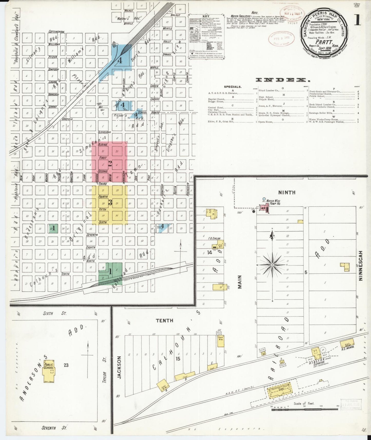 Sanborn Fire Insurance Map from Pratt, Pratt County, Kansas (1899), Sheet #0001 - Historic Sanborn Fire Insurance Map Print, vintage old map wall art, antique decor, genealogy gift, Kansas Kansas map