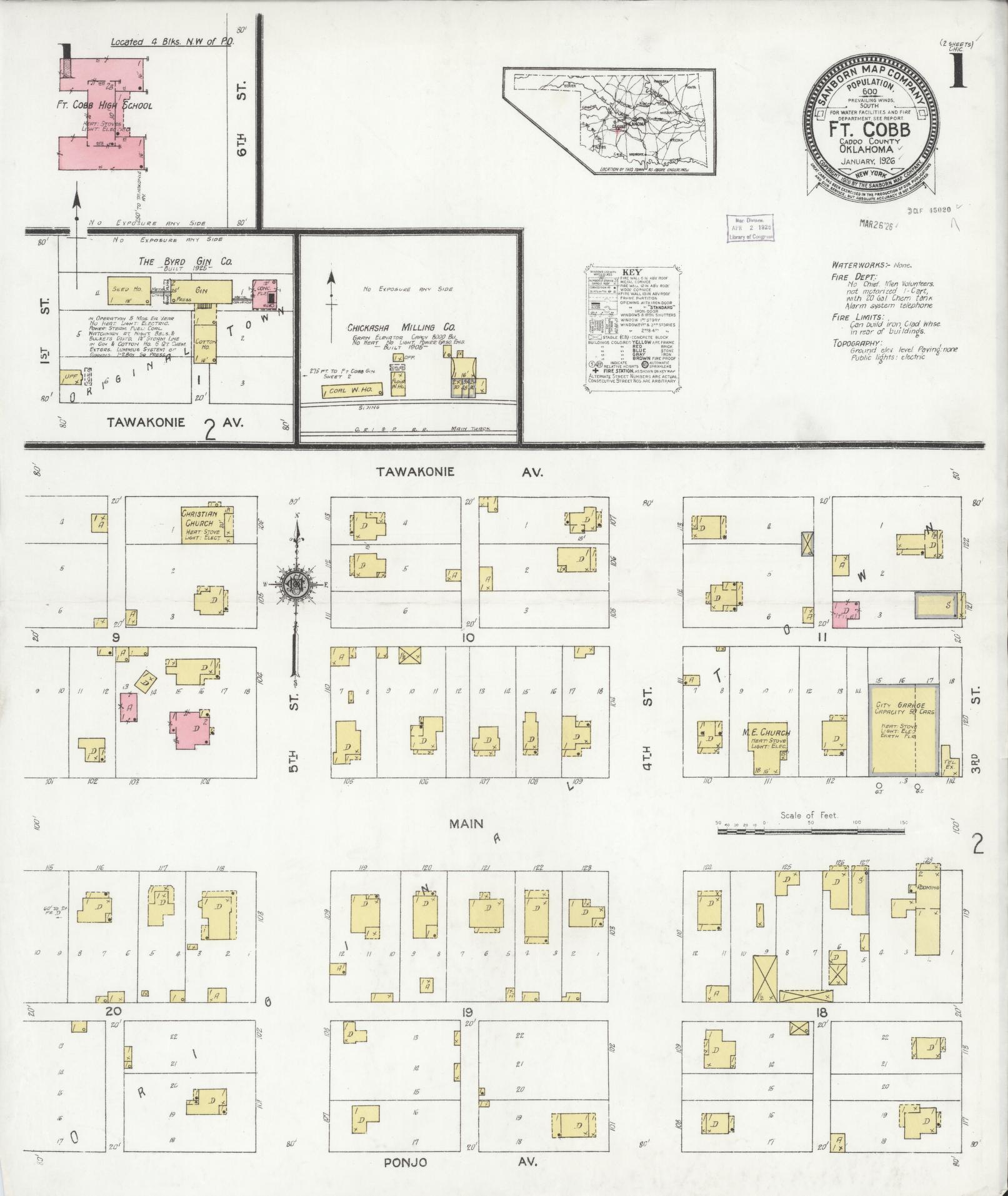 Sanborn Fire Insurance Map from Fort Cobb, Caddo County, Oklahoma (1926), Sheet #0001 - Historic Sanborn Fire Insurance Map Print, vintage old map wall art, antique decor, genealogy gift, Oklahoma Oklahoma map