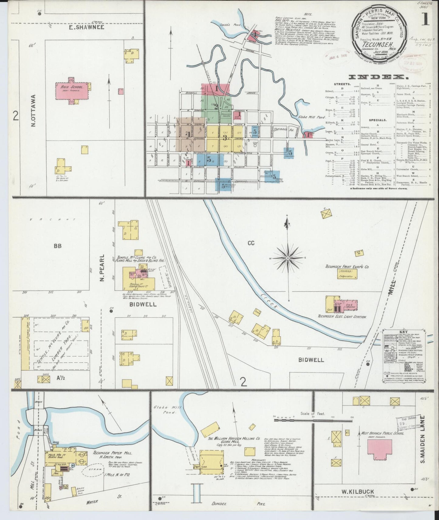 Sanborn Fire Insurance Map from Tecumseh, Lenawee County, Michigan (1899), Sheet #0001 - Historic Sanborn Fire Insurance Map Print, vintage old map wall art, antique decor, genealogy gift, Michigan Michigan map