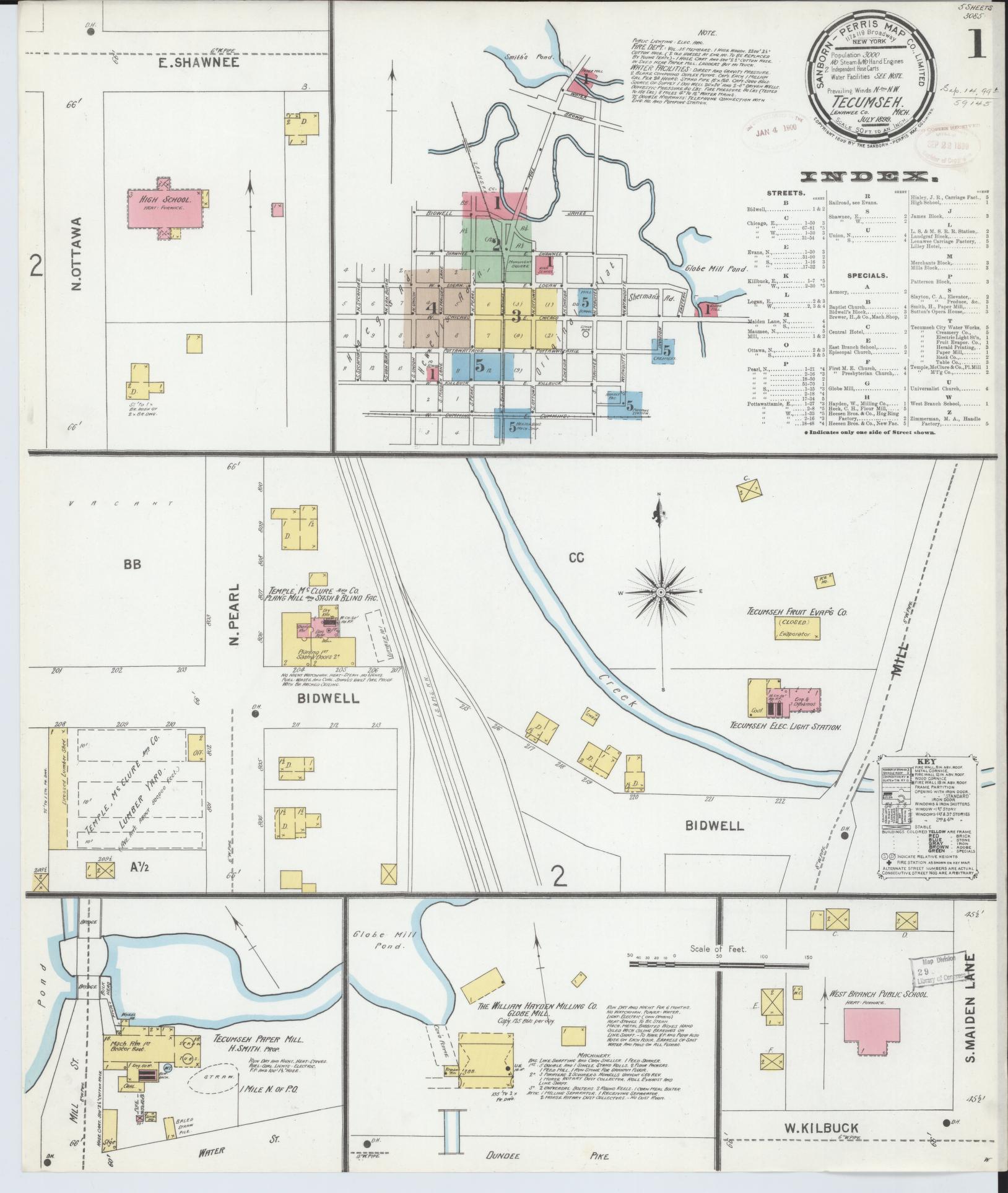 Sanborn Fire Insurance Map from Tecumseh, Lenawee County, Michigan (1899), Sheet #0001 - Historic Sanborn Fire Insurance Map Print, vintage old map wall art, antique decor, genealogy gift, Michigan Michigan map