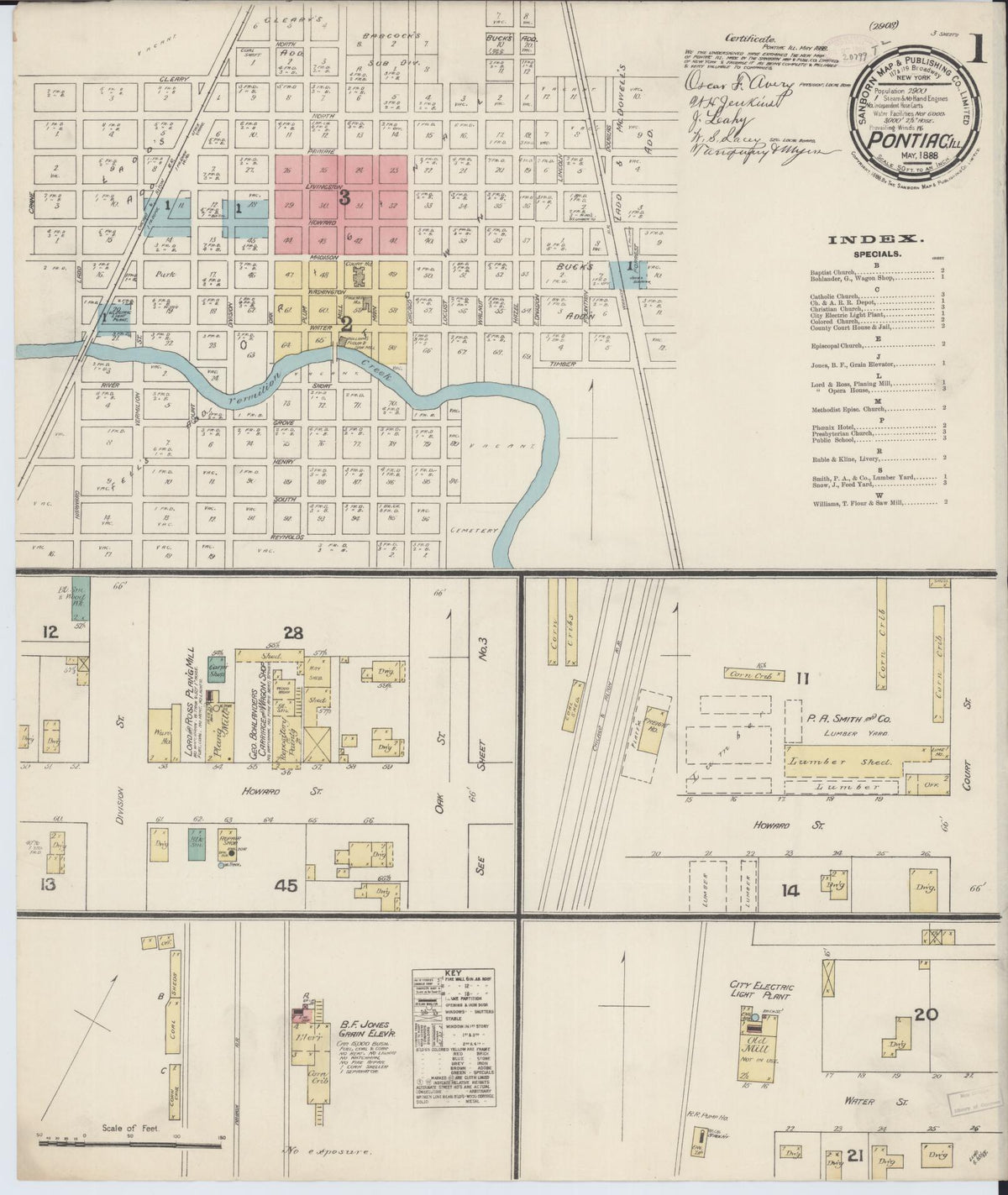 Sanborn Fire Insurance Map from Pontiac, Livingston County, Illinois (1888), Sheet #0001 - Historic Sanborn Fire Insurance Map Print, vintage old map wall art, antique decor, genealogy gift, Illinois Illinois map