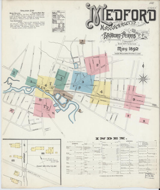 Sanborn Fire Insurance Map from Medford, Middlesex County, Massachusetts (1892), Sheet #0001 - Historic Sanborn Fire Insurance Map Print, vintage old map wall art, antique decor, genealogy gift, Massachusetts Massachusetts map