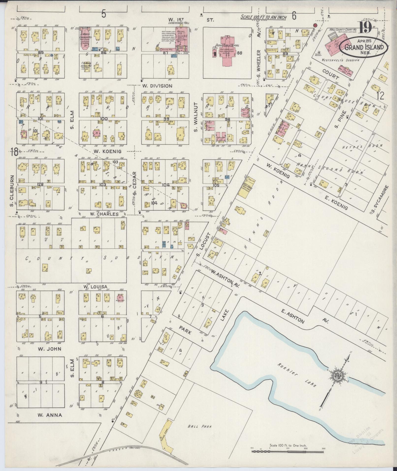 Sanborn Fire Insurance Map from Grand Island, Hall County, Nebraska (1915), Sheet #0019 - Historic Sanborn Fire Insurance Map Print, vintage old map wall art, antique decor, genealogy gift, Nebraska Nebraska map