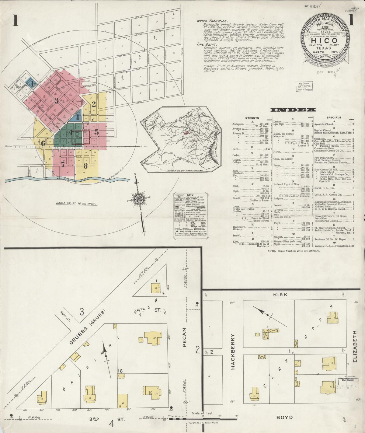 Sanborn Fire Insurance Map from Hico, Hamilton County, Texas (1923), Sheet #0001 - Complete Map Set gallery image, historic Sanborn map, vintage wall art, Texas Texas