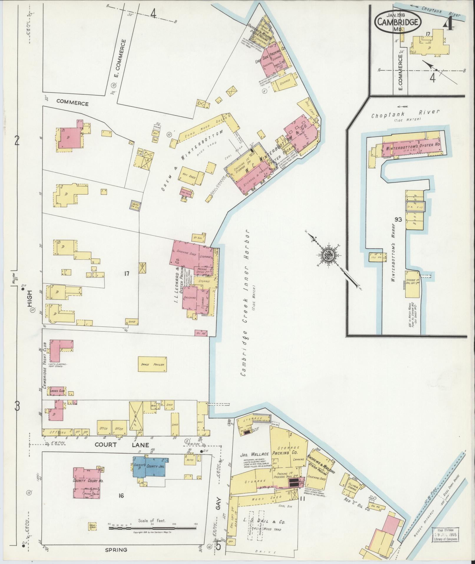 Dorchester, Maryland - 1918 - Sanborn Fire Insurance Map, Sheet #0004 - Historic Sanborn Fire Insurance Map Print, Dorchester Maryland 1918 0004 vintage old map wall art
